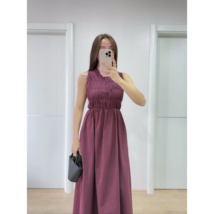 Kolsuz Göğüs Lastıklı %100 Poplin Uzun Elbise - Bordo