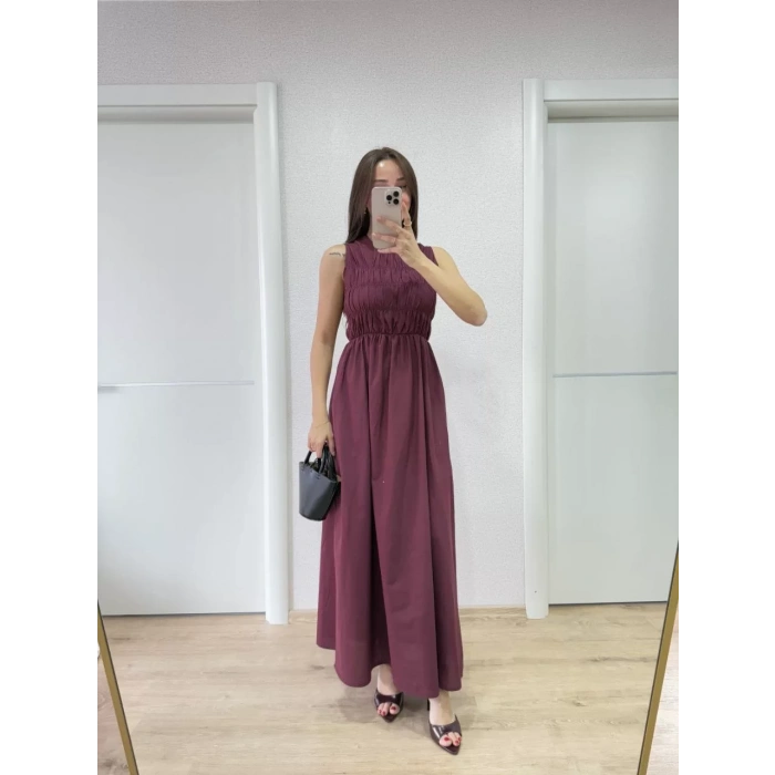Kolsuz Göğüs Lastıklı %100 Poplin Uzun Elbise - Bordo