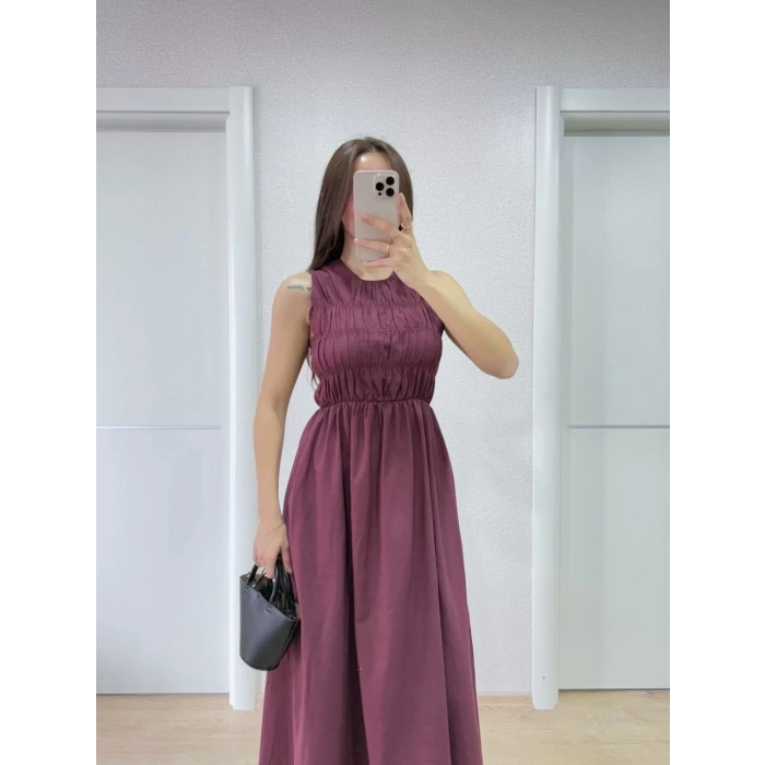 Kolsuz Göğüs Lastıklı %100 Poplin Uzun Elbise - Bordo