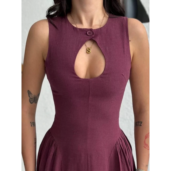 Kolsuz Uzun Kabardin Elbise - Bordo