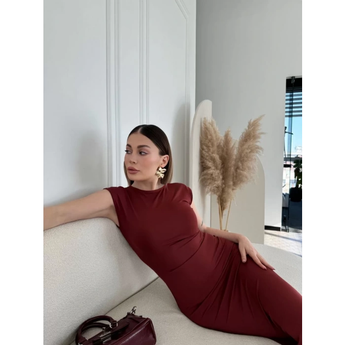 Kolsuz Uzun Likralı Elbise - Bordo