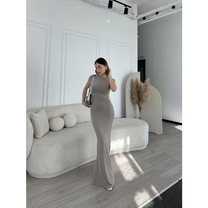 Kolsuz Uzun Likralı Elbise - Gri