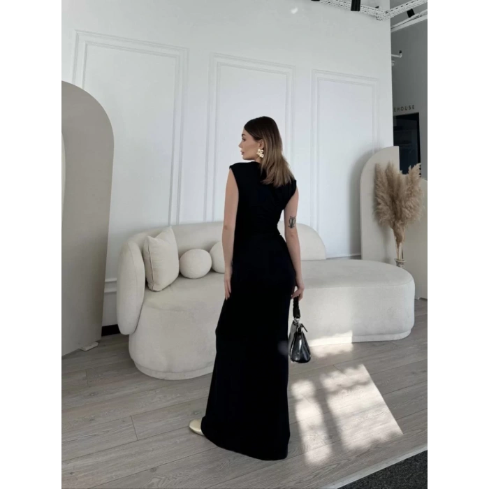 Kolsuz Uzun Likralı Elbise - Siyah