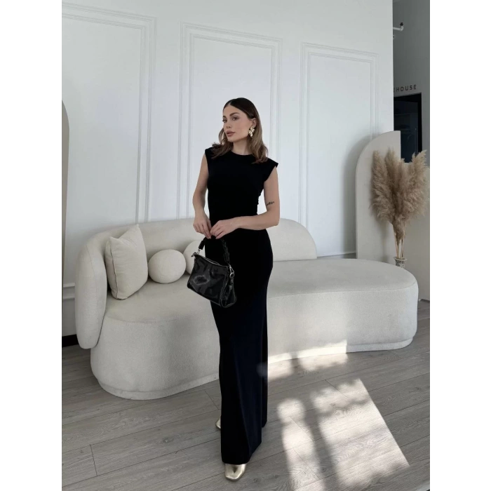 Kolsuz Uzun Likralı Elbise - Siyah