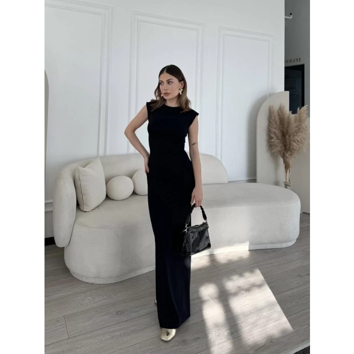 Kolsuz Uzun Likralı Elbise - Siyah