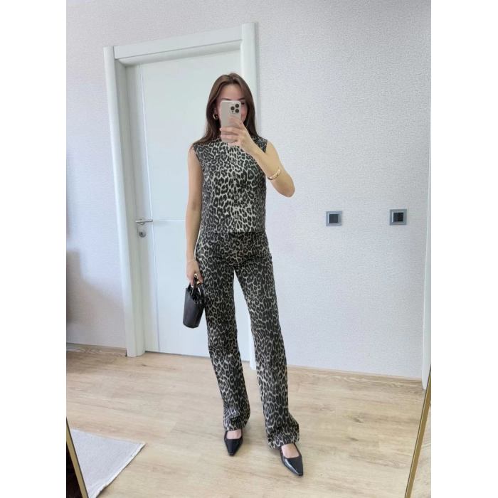 leopar desenli Düğmeli Bluzlu Pantolon İkili Takım -Leopar