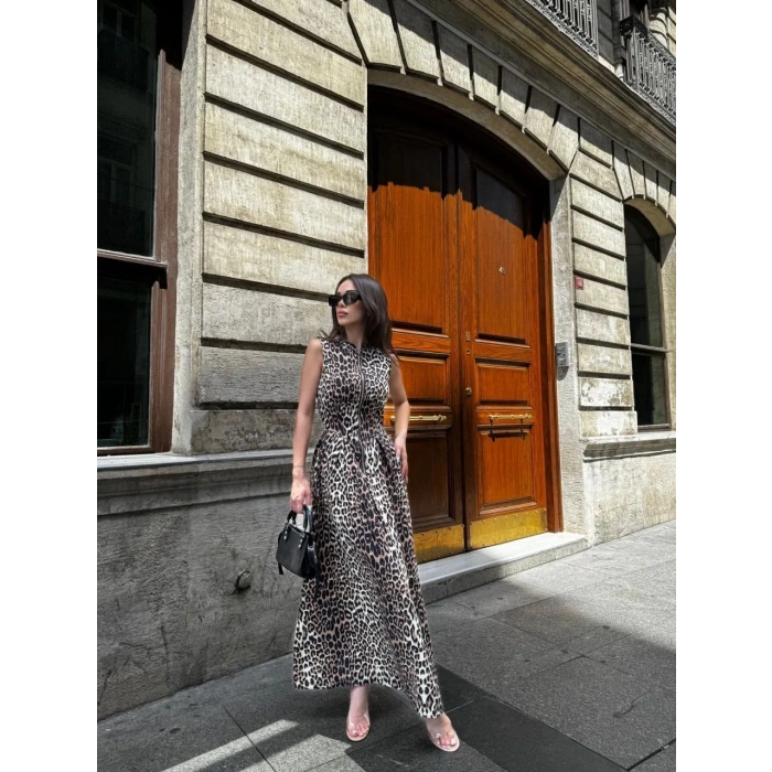 Leopar Desenli Fermuarlı Cepli Pileli Kadın Midi Elbise- Leopar