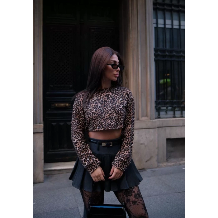 Leopar desenli Uzun Kollu Crop - Leopar