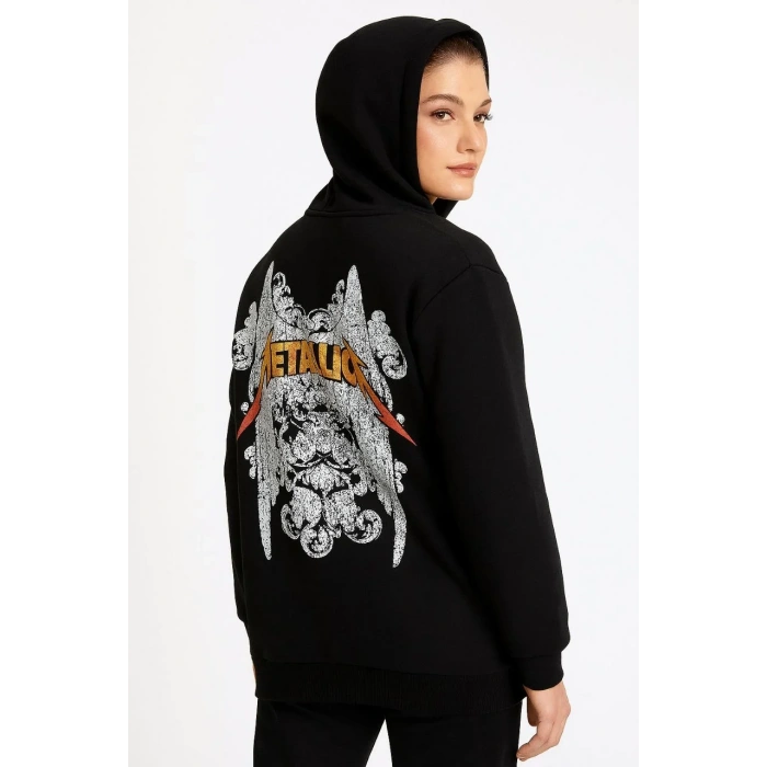 Metallica İki İplik Kapüşonlu Ön ve Arka Baskılı hoodie - Siyah
