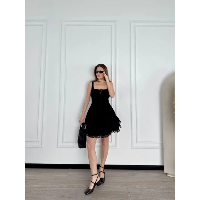 Mini Askılı Elbise - Siyah