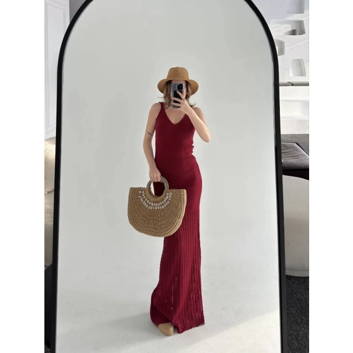 Örgülü Uzun Triko Elbise - Bordo