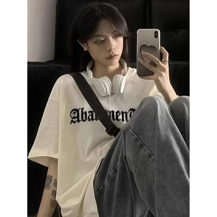 Örümcek Ağı Desenli Baskılı Oversize Bisiklet Yaka T-shirt  - Beyaz