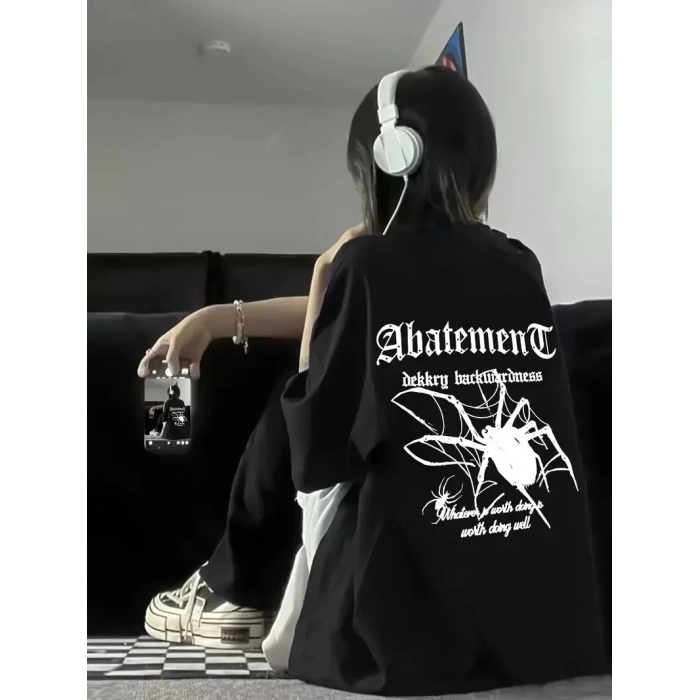 Örümcek Ağı Desenli Baskılı Oversize Bisiklet Yaka T-shirt - Siyah