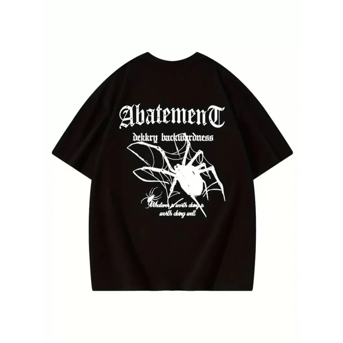 Örümcek Ağı Desenli Baskılı Oversize Bisiklet Yaka T-shirt - Siyah