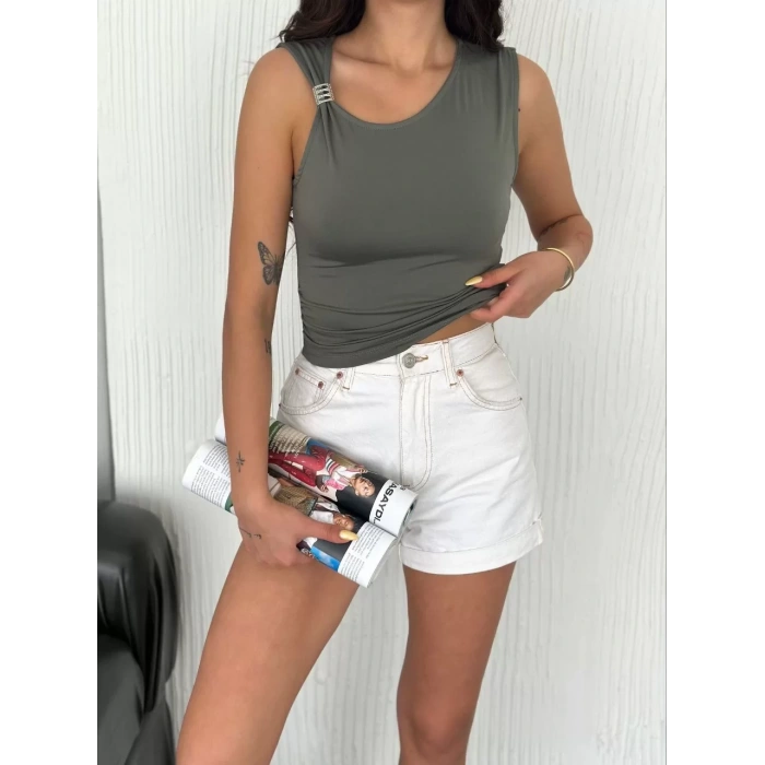 Osy Modal Yumuşak Dokulu Kumaş Bisiklet Yaka Kadın Sıfır Kol Bluz Omuz Toka Aksesuar Detaylı - Haki