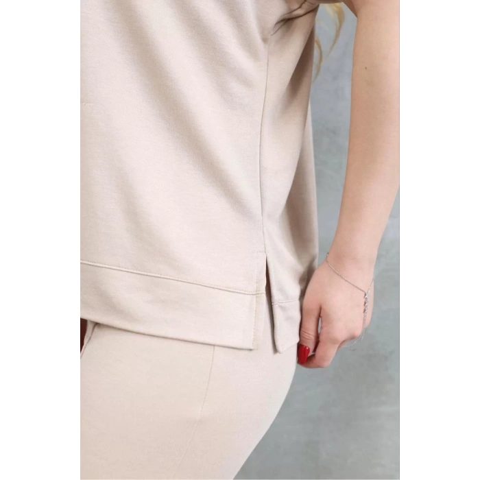 Osy Modal Yumuşak dokulu Kumaş Bisiklet Yaka Kısa Kollu Takım - Bej