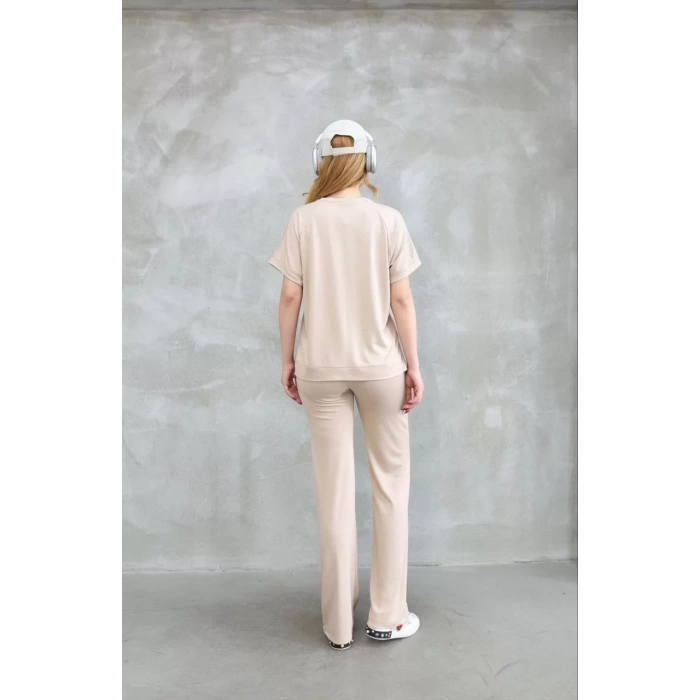 Osy Modal Yumuşak dokulu Kumaş Bisiklet Yaka Kısa Kollu Takım - Bej