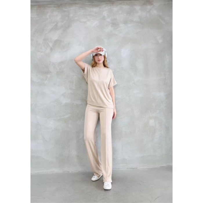 Osy Modal Yumuşak dokulu Kumaş Bisiklet Yaka Kısa Kollu Takım - Bej