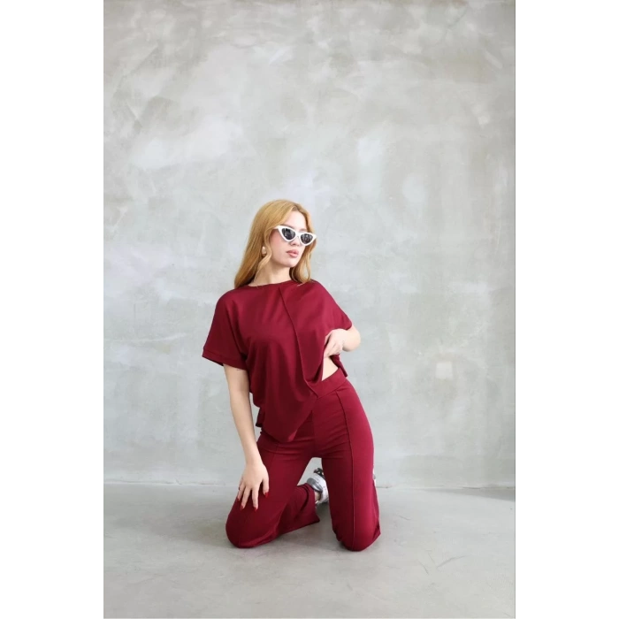 Osy Modal Yumuşak dokulu Kumaş Bisiklet Yaka Kısa Kollu Takım - Bordo