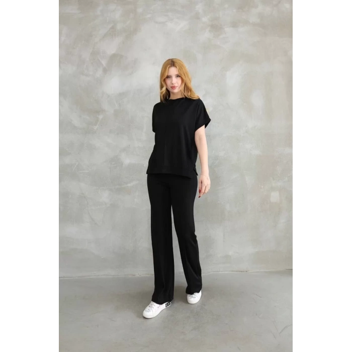 Osy Modal Yumuşak dokulu Kumaş Bisiklet Yaka Kısa Kollu Takım - Siyah