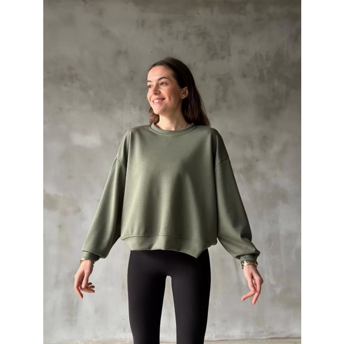Osy Modal Yumuşak dokulu Kumaş Bisiklet Yaka Oversize Sweatshirt - Haki