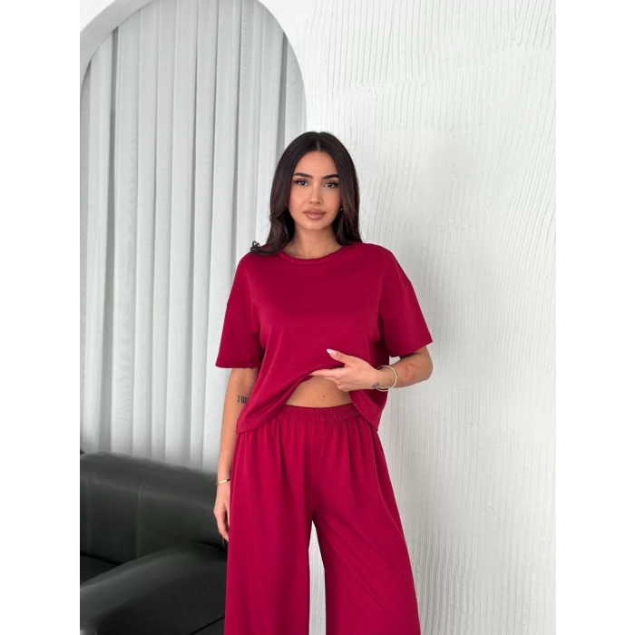 Osy Modal Yumuşak Dokulu Kumaş Bisiklet Yaka T-shirt Bol paça Pantalon ikili Takım -Bordo