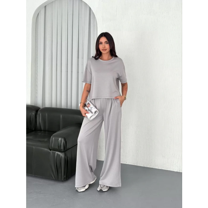 Osy Modal Yumuşak Dokulu Kumaş Bisiklet Yaka T-shirt Bol paça Pantalon ikili Takım - Boyalı Gri