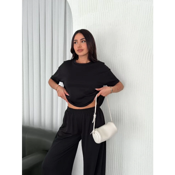 Osy Modal Yumuşak Dokulu Kumaş Bisiklet Yaka T-shirt Bol paça Pantalon ikili Takım -Siyah