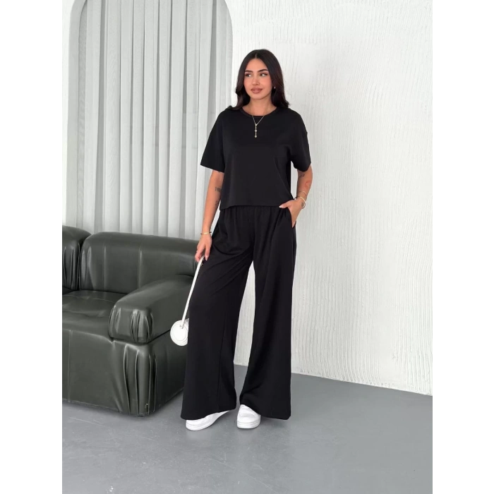 Osy Modal Yumuşak Dokulu Kumaş Bisiklet Yaka T-shirt Bol paça Pantalon ikili Takım -Siyah