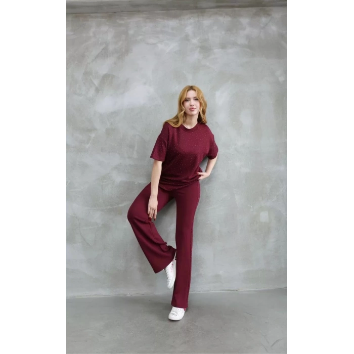 Osy Modal Yumuşak dokulu Kumaş Bisiklet Yaka Taş detaylı Kısa Kollu Takım - Bordo