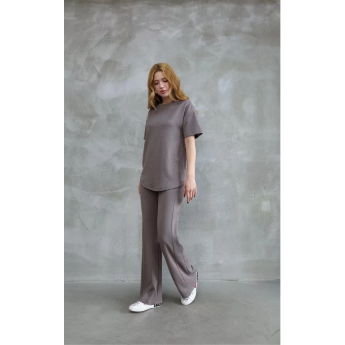 Osy Modal Yumuşak dokulu Kumaş Bisiklet Yaka Taş detaylı Kısa Kollu Takım - Vizyon