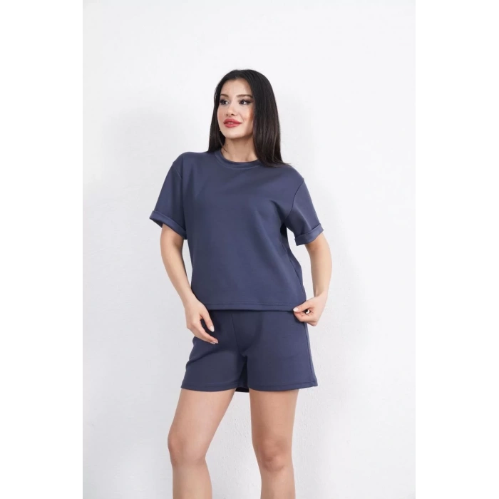 Osy Modal yumuşak dokulu Kumaş Kadın Bisiklet Yaka T-shirt Kısa Şort İkili Takım - Antrasit