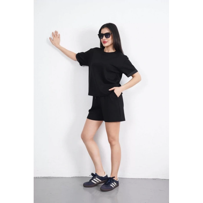 Osy Modal yumuşak dokulu Kumaş Kadın Bisiklet Yaka T-shirt Kısa Şort İkili Takım - Siyah