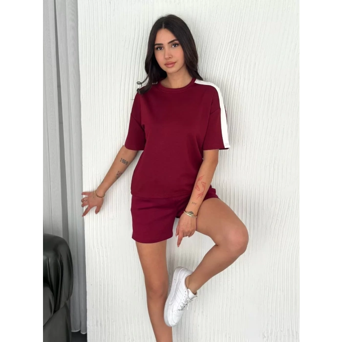 Osy Modal yumuşak dokulu Kumaş Kadın Parçalı Bisiklet Yaka T-shirt Kısa Şort İkili Takım - Bordo