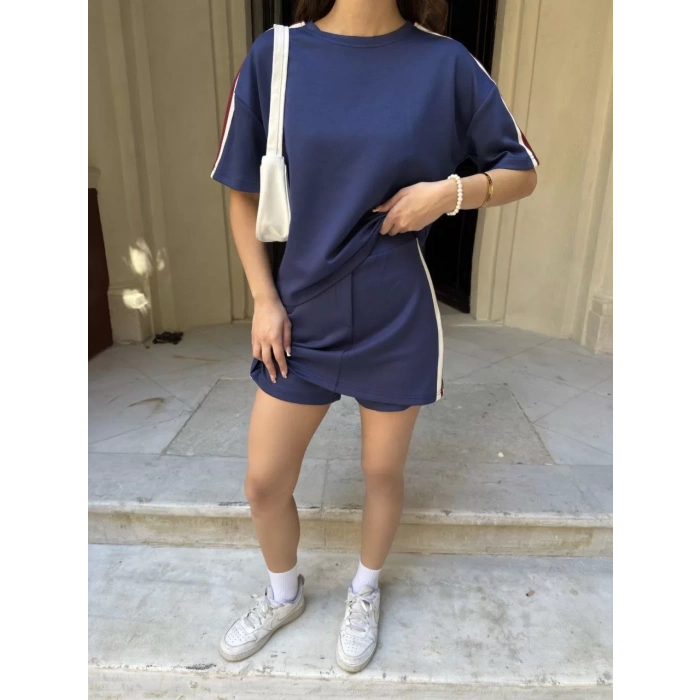 Osy Modal yumuşak dokulu Kumaş Kadın Parçalı Bisiklet Yaka T-shirt Mini Şortlu Etek İkili Takım -Lacivert