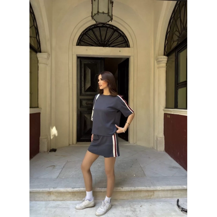 Osy Modal yumuşak dokulu Kumaş Kadın Parçalı Bisiklet Yaka T-shirt Mini Şortlu Etek İkili Takım - Füme