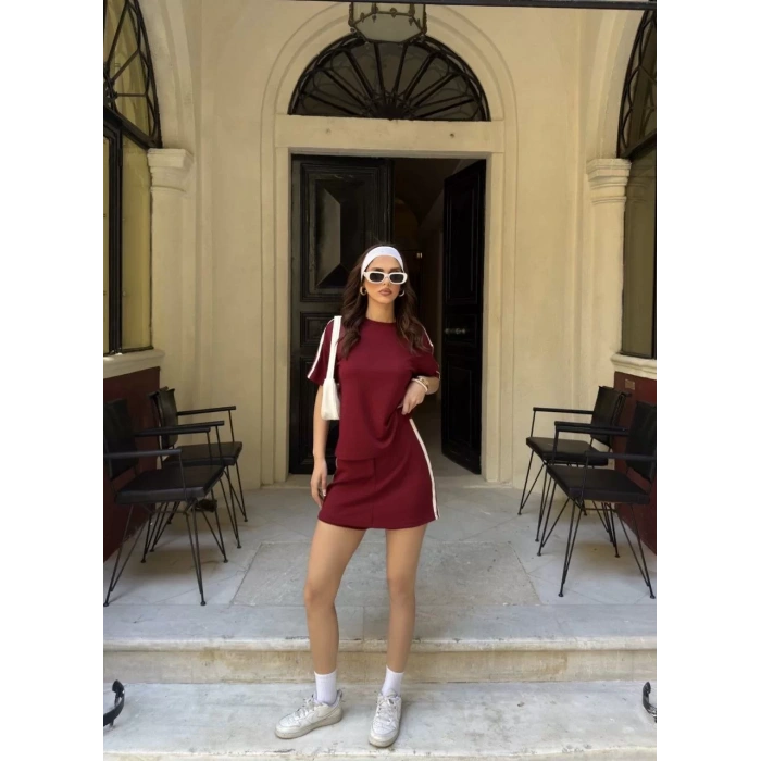 Osy Modal yumuşak dokulu Kumaş Kadın Parçalı Bisiklet Yaka T-shirt Mini Şortlu Etek İkili Takım -Bordo