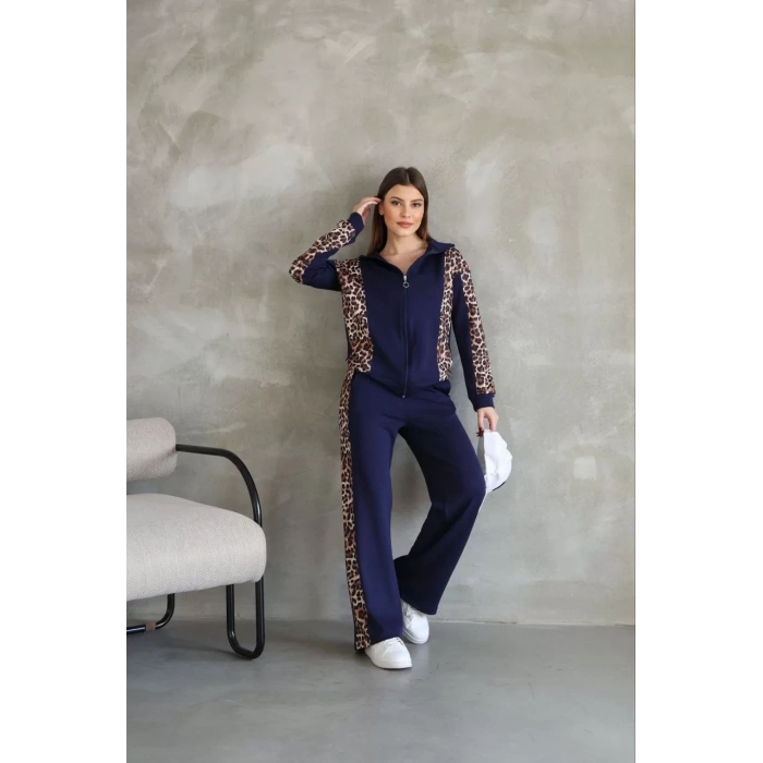 Osy Modal Yumuşak Dokulu Kumaş Kapüşonlu Leopar Desenli Fermuarlı Takım - Lacivert