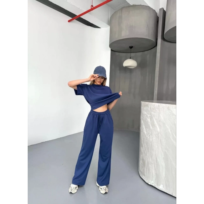 Osy Modal Yumuşak Dokulu Kumaş Kısa Kollu Bluz Rahat Pantalon ikili Takım- Lacivert