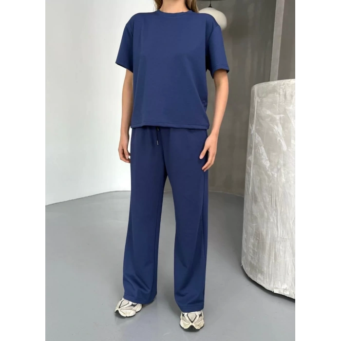 Osy Modal Yumuşak Dokulu Kumaş Kısa Kollu Bluz Rahat Pantalon ikili Takım- Lacivert