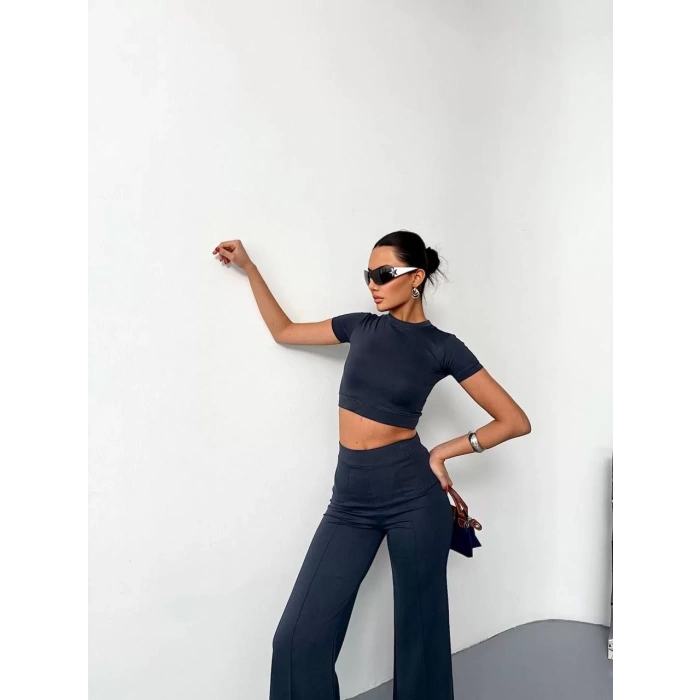 Osy Modal Yumuşak Dokulu Kumaş Kısa Kollu Crop Alt ispanyol Paça Pantalon ikili Takım - Füme