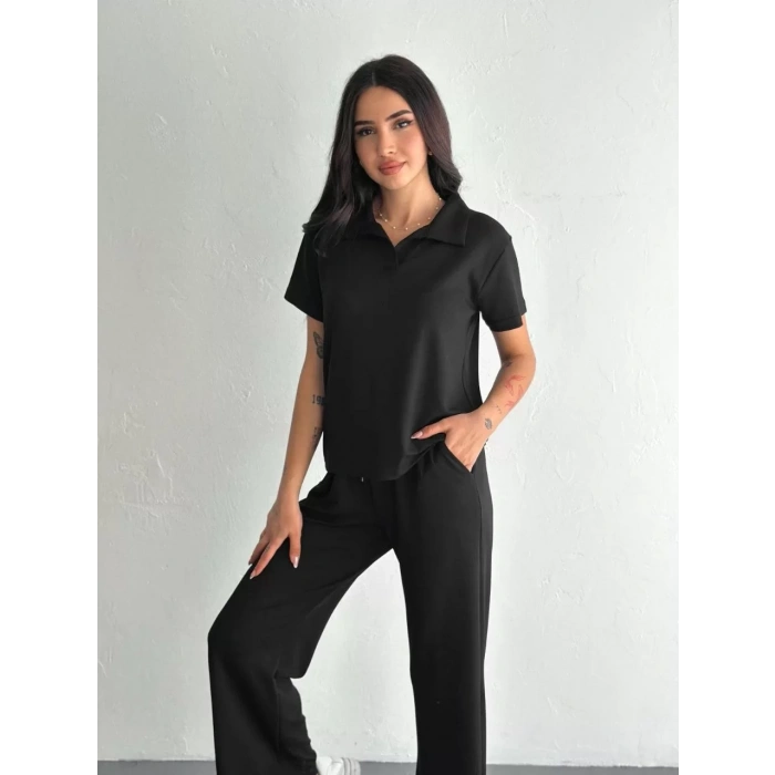 Osy Modal Yumuşak Dokulu Kumaş Kısa Kollu Yakalı T-shirt Pantalon ikili Takım- Siyah