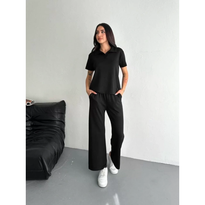 Osy Modal Yumuşak Dokulu Kumaş Kısa Kollu Yakalı T-shirt Pantalon ikili Takım- Siyah