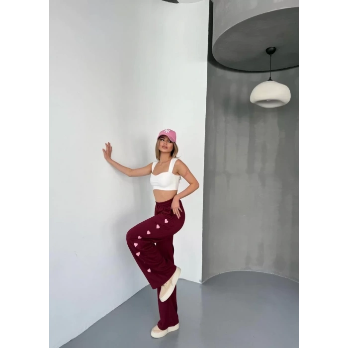 Osy Modal Yumuşak Dokulu Kumaş Nakış işlemeli Rahat Bol Paça Eşofman Pantalon - Bordo