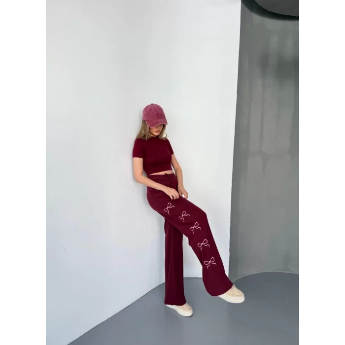 Osy Modal Yumuşak Dokulu Kumaş Nakış işlemeli Rahat Bol Paça Eşofman Pantalon - Bordo