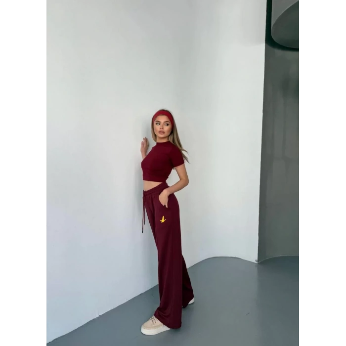 Osy Modal Yumuşak Dokulu Kumaş Nakış işlemeli Rahat Bol Paça Eşofman Pantalon - Bordo