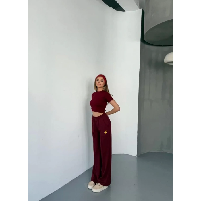 Osy Modal Yumuşak Dokulu Kumaş Nakış işlemeli Rahat Bol Paça Eşofman Pantalon - Bordo