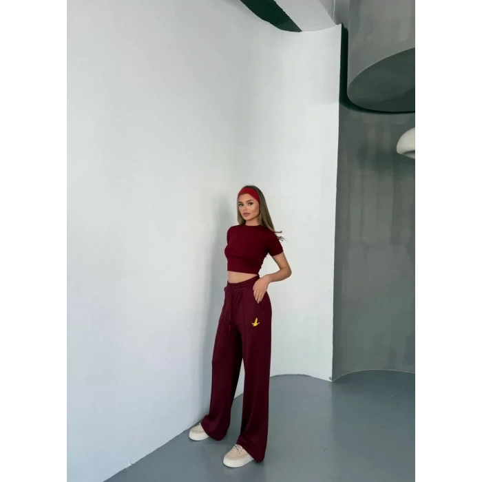 Osy Modal Yumuşak Dokulu Kumaş Nakış işlemeli Rahat Bol Paça Eşofman Pantalon - Bordo