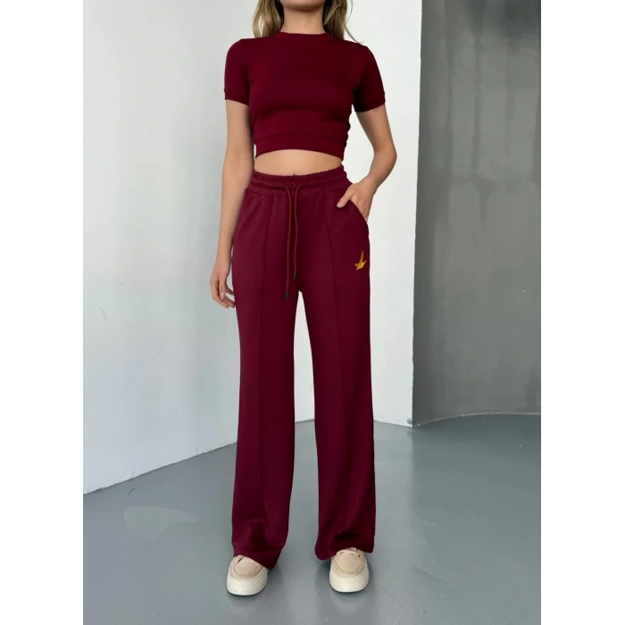 Osy Modal Yumuşak Dokulu Kumaş Nakış işlemeli Rahat Bol Paça Eşofman Pantalon - Bordo
