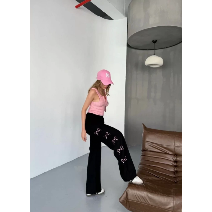 Osy Modal Yumuşak Dokulu Kumaş Nakış işlemeli Rahat Bol Paça Eşofman Pantalon - Siyah